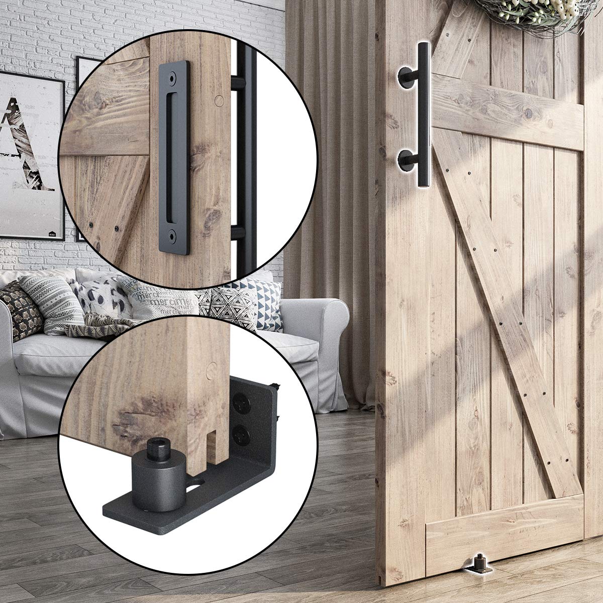 SMARTSTANDARD 5FT Sliding Barn Door Hardware Whole Kit (Include 5ft Track Kit & Pull Handle Set & Floor Guide), Smoothly and Quietly, Easy to Install, Fit 30" Wide Door Panel (J Shape)