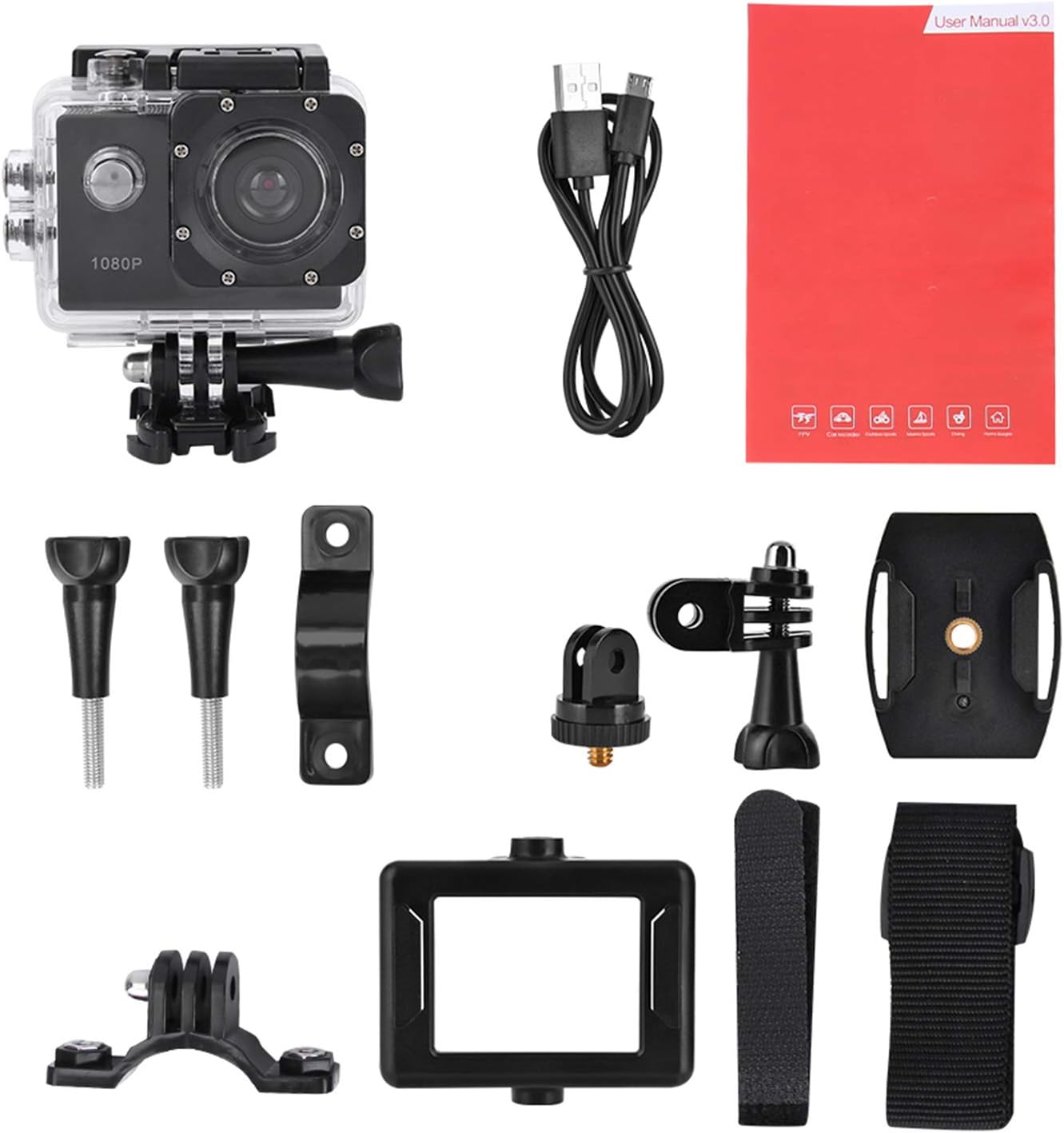 ASHATA A7 1080P 2.0in 30m 140 900mAh Action Camera Camcorder, HD, Screen, Waterproof, Wide Angle, Battery, Black