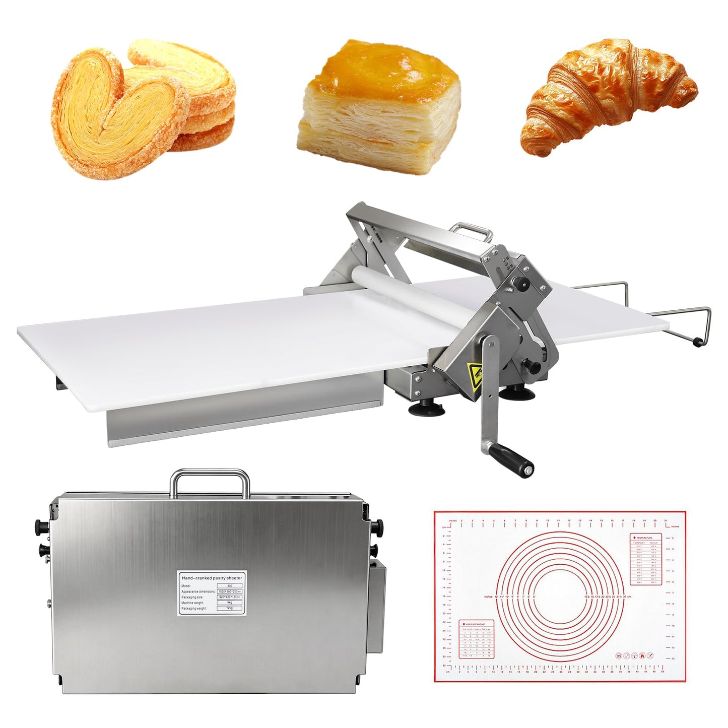 HNZXIB Foldable Dough Sheeter Machine, 15.75''×35.5''Manual Stainless Steel Portable Dough Roller with Silicone Pastry Mat, for Commercial Home Bakery, Puff Pastry, Pizza, Croissant
