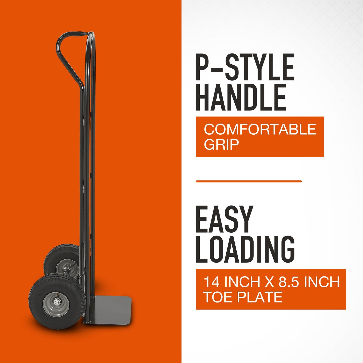 Ironton Steel Pneumatic Hand Truck Dolly, 600-Lb Capacity, Heavy-Duty Steel Frame, 10-in Pneumatic Tires, P-Style Handle, 14" x 8.5" Toe Plate