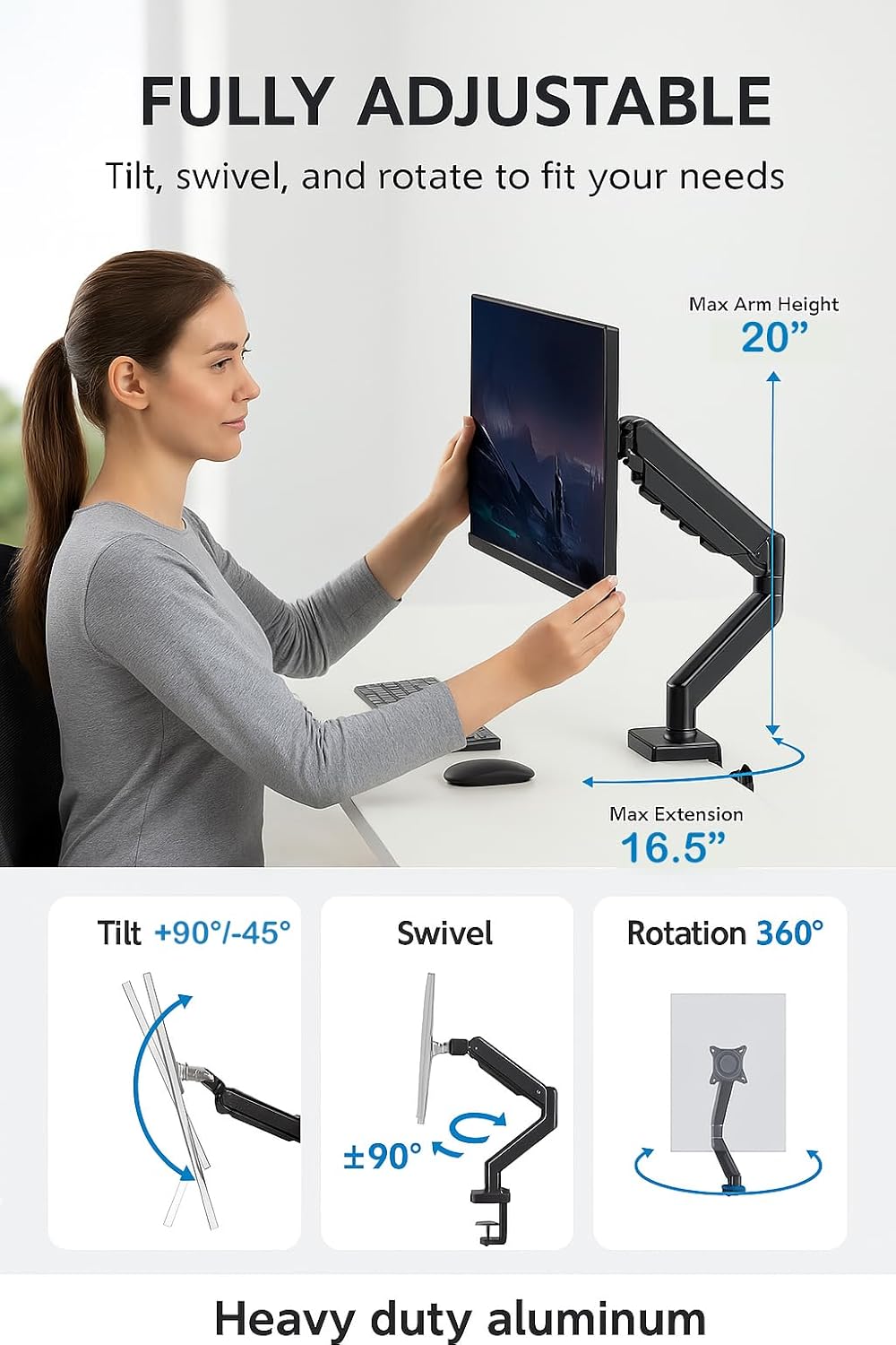 ArcadeX 13 32 Inch Grommet 4.4 22lbs Single Monitor Mount, to Gas Monitor Arm, Adjustable Stand, Vesa Mount with Clamp