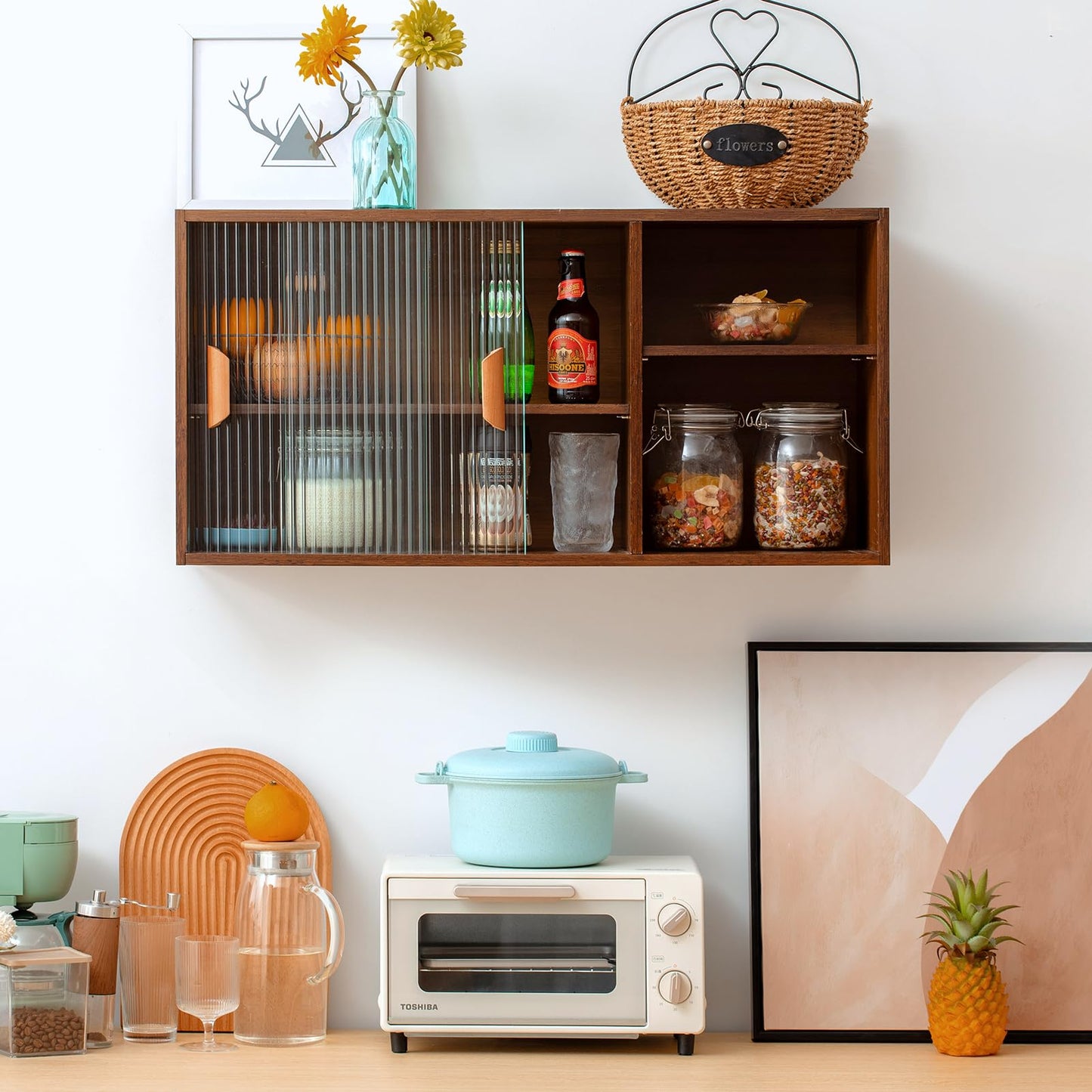 HollyHOME Bamboo Wall Mounted Kitchen Sideboard with 2 Glass Doors and Adjustable Shelves, Freestanding Wall Storage Cabinet with Side Shelf for Bottle, Dish, Bowl, Console Dining Cupboard, Walnut