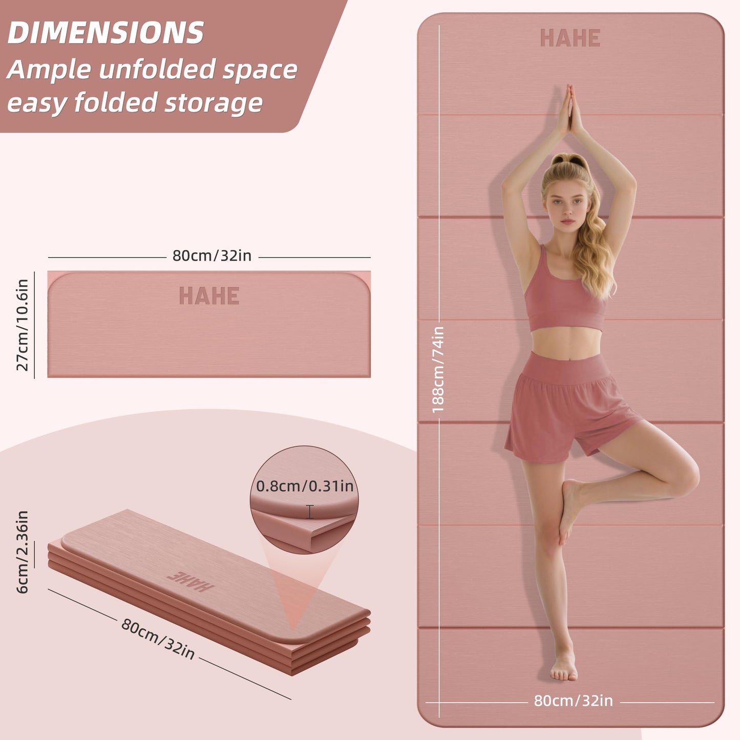 Foldable Yoga Mat, 74"Lx32"Wx1/3"Thick, Folding Exercise Mat, Non-slip Wide Pilates Mats for Home Workout/Travel, Portable Yoga Mat Thick for Yoga/Pilates/Camping/Floor Exercises (Bright Pink)