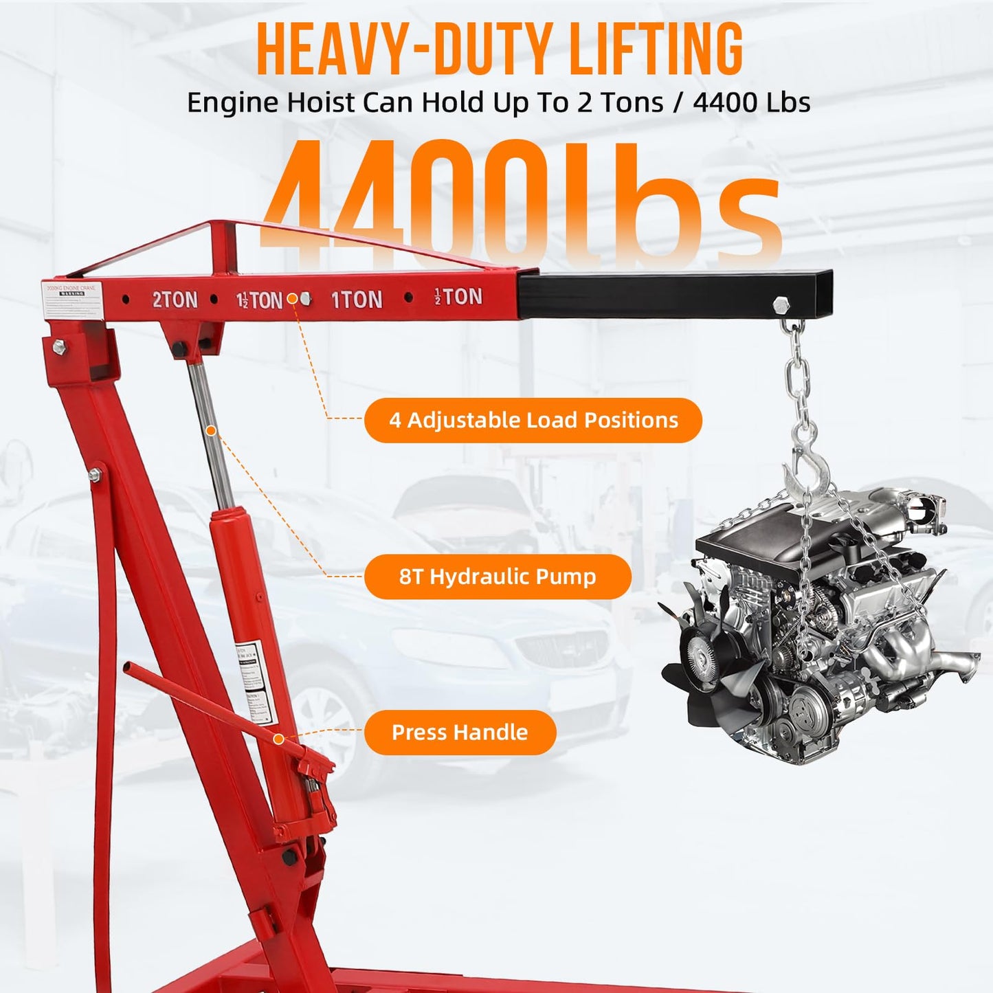 2 Ton Folding Hydraulic Engine Hoist, Folding Engine Shop Crane Hoist Lift, Heavy Cherry Picker with 6 Wheels for Garage, Workshop,Cherry