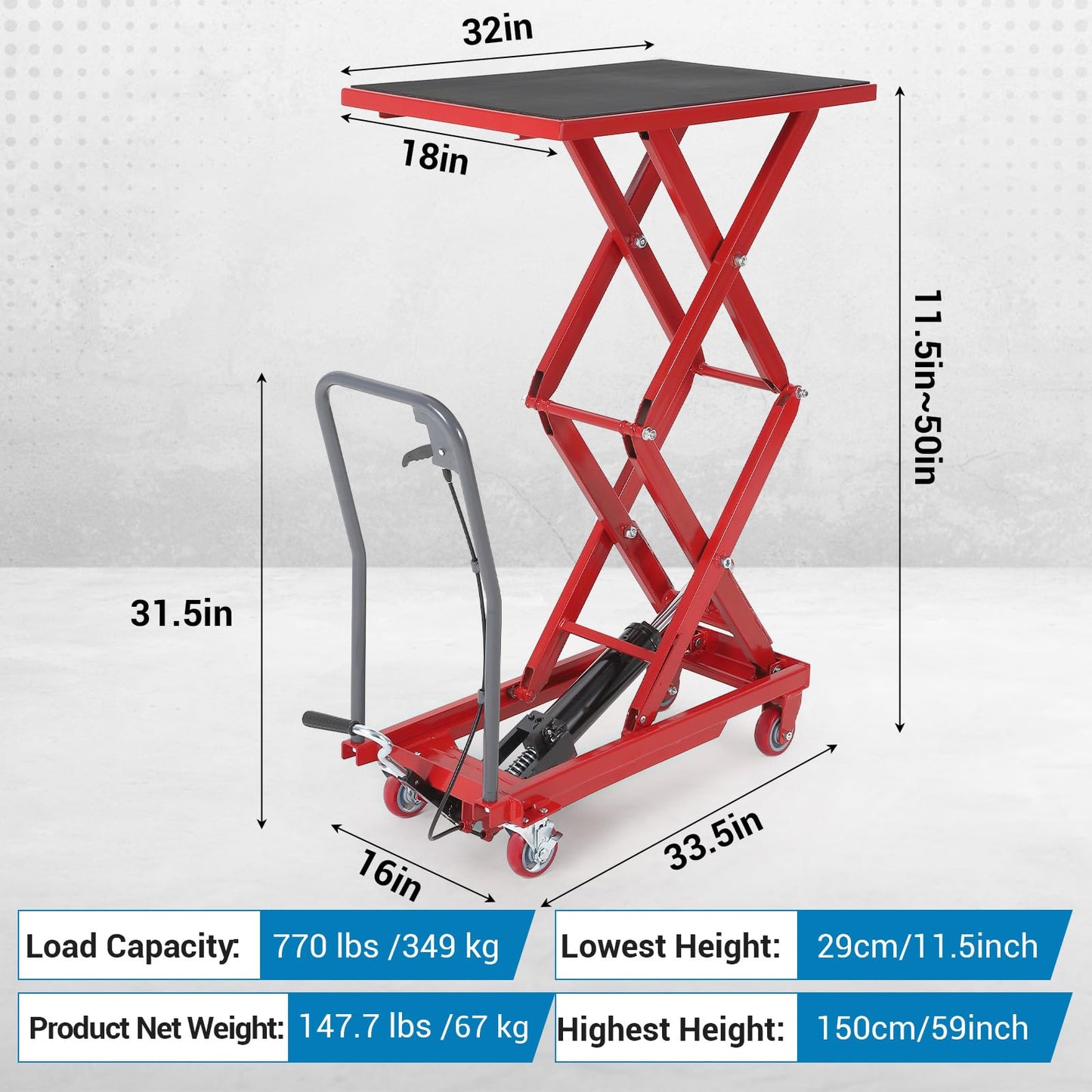 Hydraulic Lift Table Cart, 770lbs Capacity 50" Lifting Height Hydraulic Table Cart, Double Scissor Lift with Non-Slip Pad for Material Handling and Transportation, Red