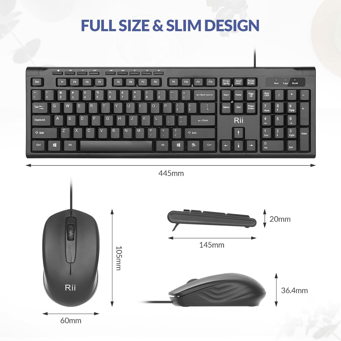 Rii RK907 10/8 7 Wired Keyboard and Mouse Combo, USB Ultra-Slim Compact USB Wired Keyboard and Mouse Combo for Mac