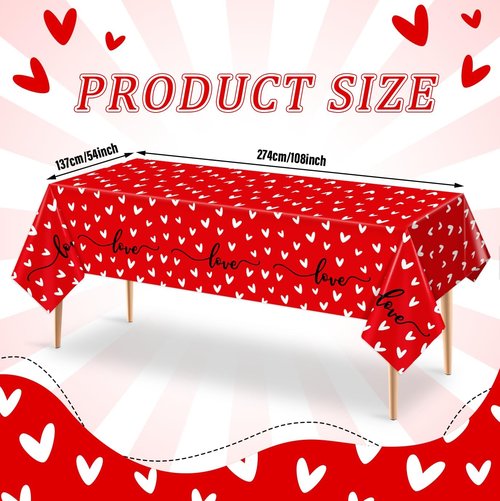 3Pcs Valentine's Day Plastic Tablecloth Love Heart Romantic Rectangular Table Cloths Red White Tablecovers for Valentines Wedding Engagement Anniversary Galentines Mother's Day Party Decorstions