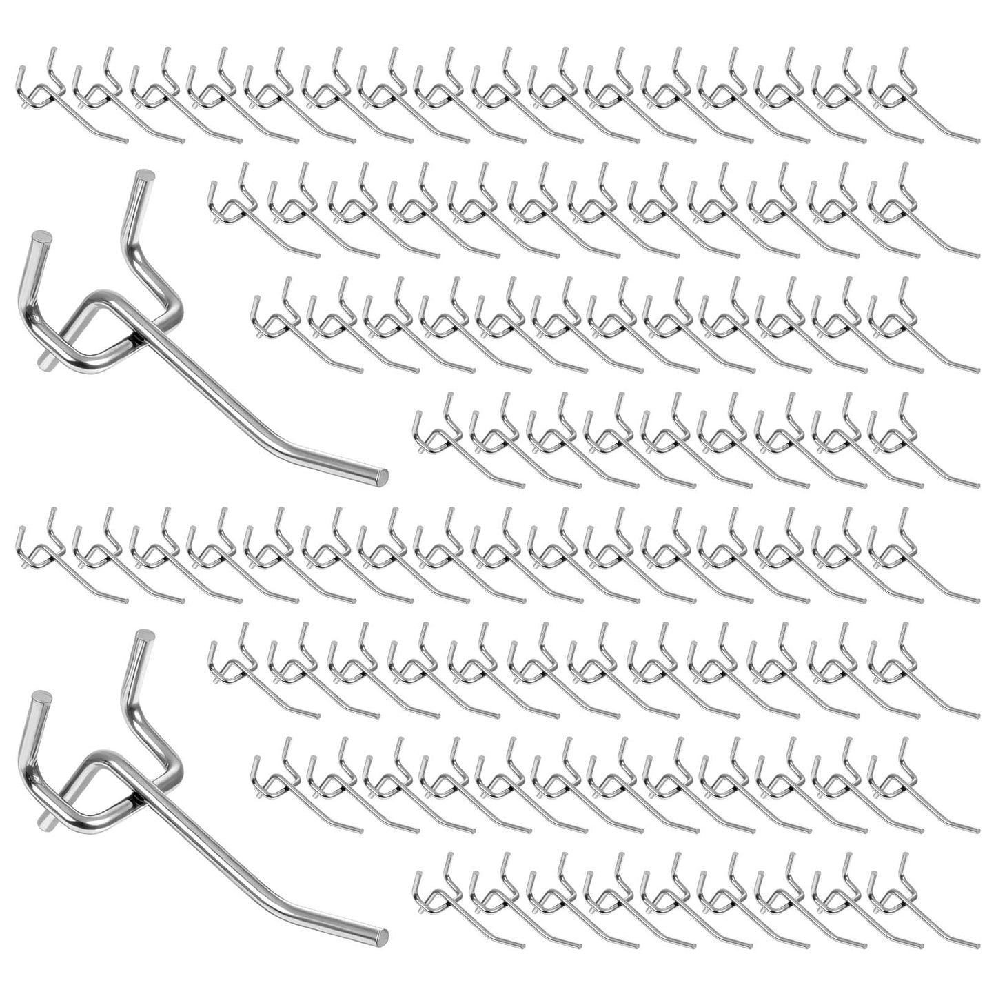 Meyeyaia 100 Pcs Pegboard Hooks 2 Inch Peg Board Shelving Hooks Peg Board Organizer Accessories Pegboard Wall Display Hanging Holders for 1/8 and 1/4 Garage Storage Organizer Tools (Silver)