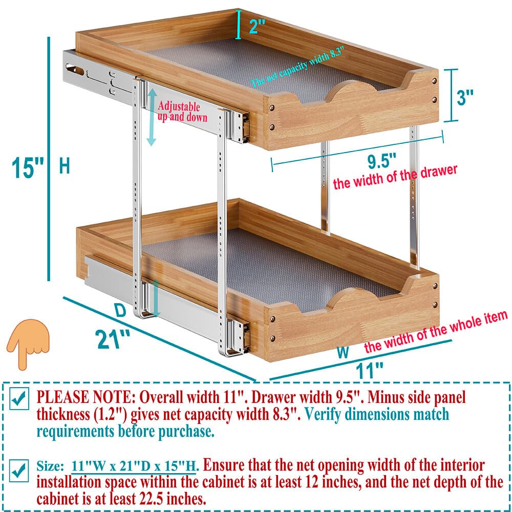 OCG 2 Tier Pull Out Drawers For Cabinets, Double Tier Slide out Wood Cabinet Organizer, Pull Out Shelves for Base Cabinet Organization in Kitchen, Pantry, Bathroom