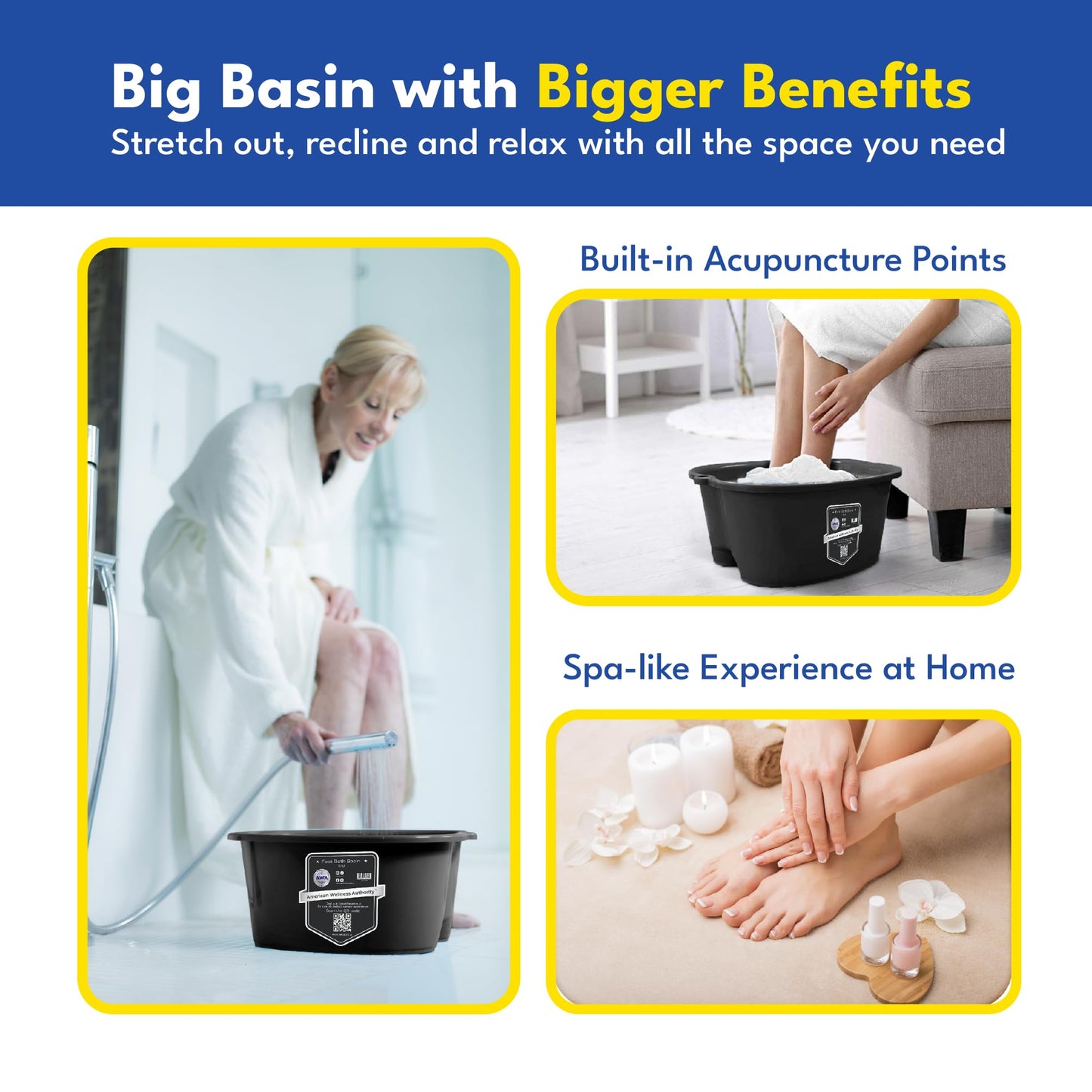 American Wellness Authority AWA Extra Large foot bath basin - Sturdy plastic soak tub For Soaking feet and Pedicure At Home Spa Kit Women Men (Grey Basin), 1.0 Count