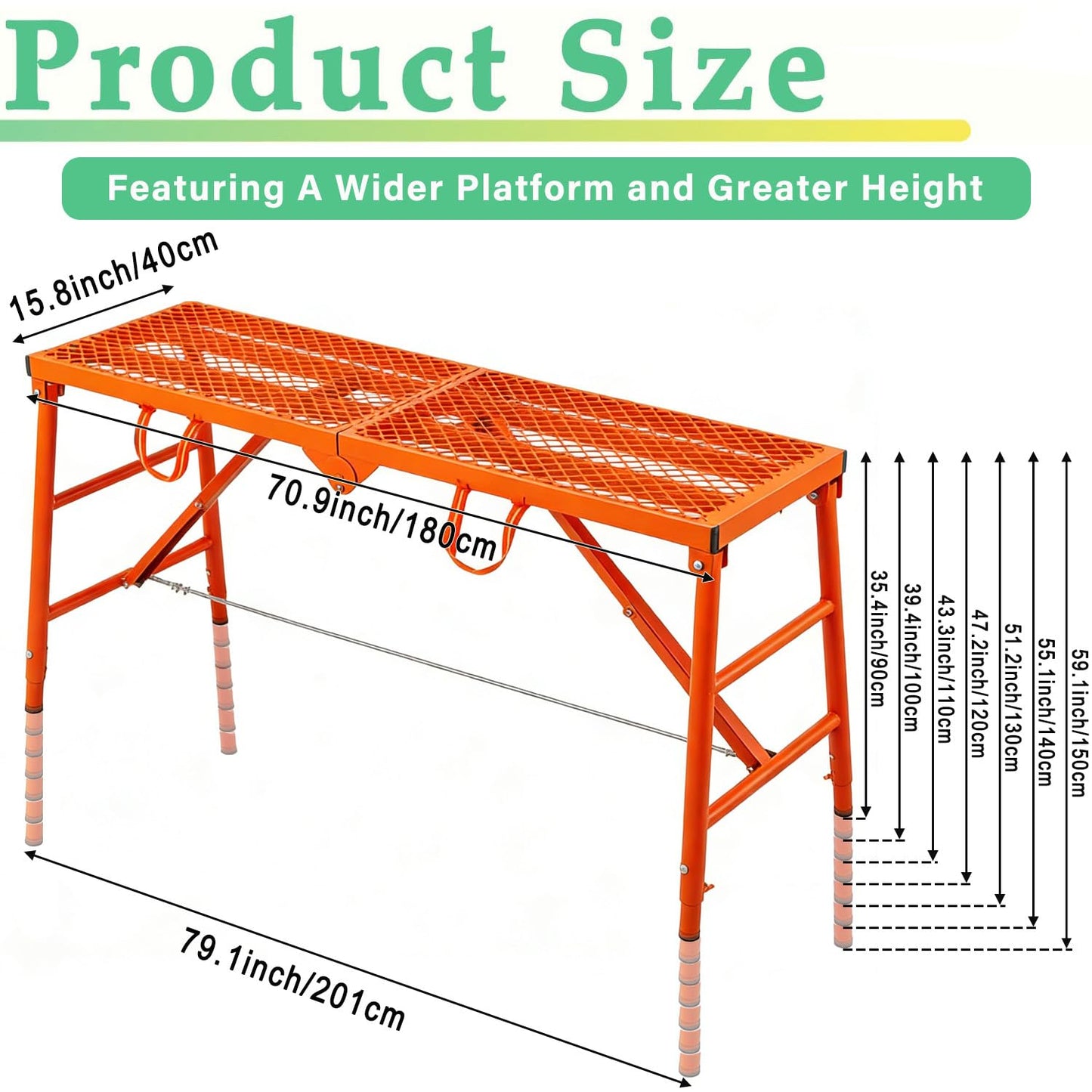 800LBS Foldable Scaffolding Platform, 71x16x60 Inch Alloy Steel Adjustable Height Portable Work Ladder, Ideal for Standard Staircase Painting Wiring Car Wash Home Decor & Industrial Maintenance