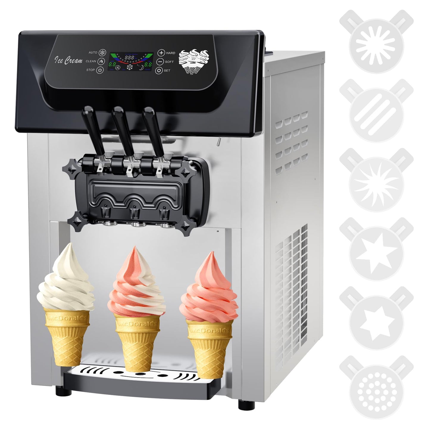 2200W 2+1 Flavor Commercial Soft Ice Cream Maker Machine, 5.8-8 Gal/Hr Countertop Soft Serve Machine with LCD Display, Auto Clean High Productivity for Restaurant