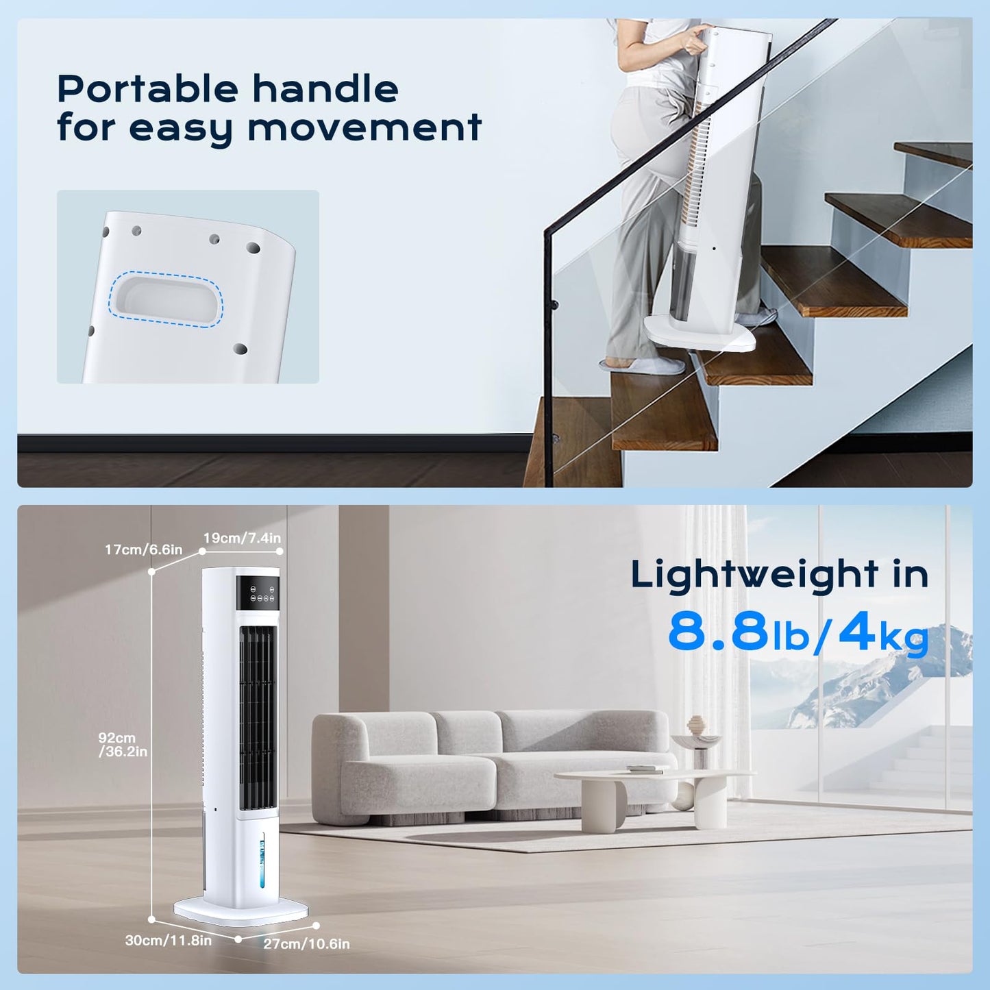 Evaporative Air Cooler, 3-in-1 Portable Air Conditioners for Room, 4 Modes 3 Speeds, Fast Cooling Portable AC Unit/24H Timer, Remote Oscillating Tower Fan, Quiet Swamp Cooler for Bedroom Office