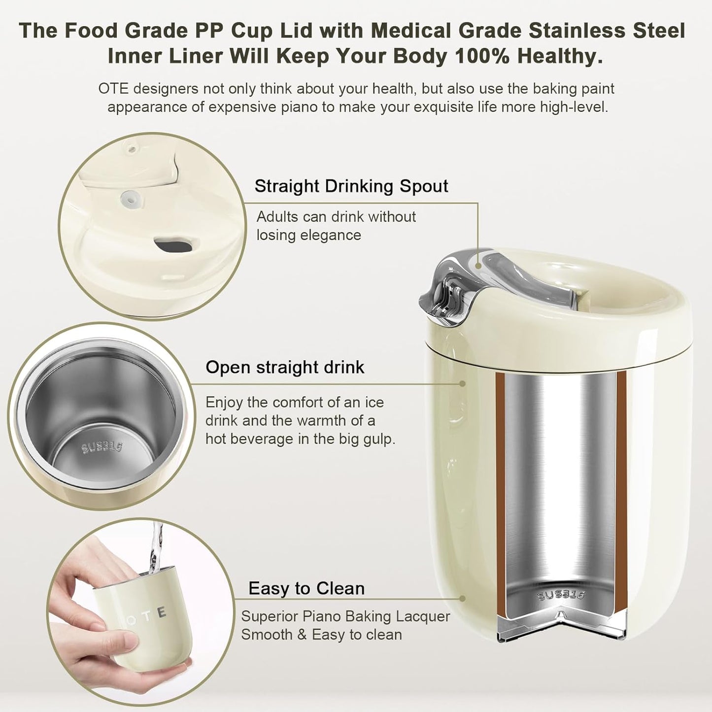 OTE Coffee Cup Travel Mug - 12 OZ Leakproof Insulated Tumbler | Keeps Drinks Hot or Cold, BPA-Free, Gray