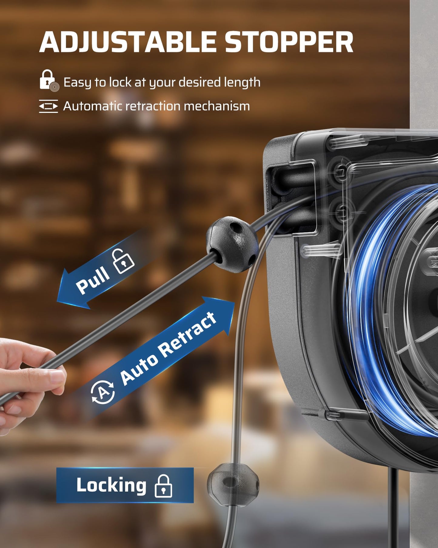 DEWENWILS Retractable Extension Cord Reel, 60FT Retractable Cord Reel, 12AWG/3C SJTOW, Lighted Triple Tap Outlets, 15A Circuit Breaker, Wall/Ceiling Mounted Heavy Duty Power Cord