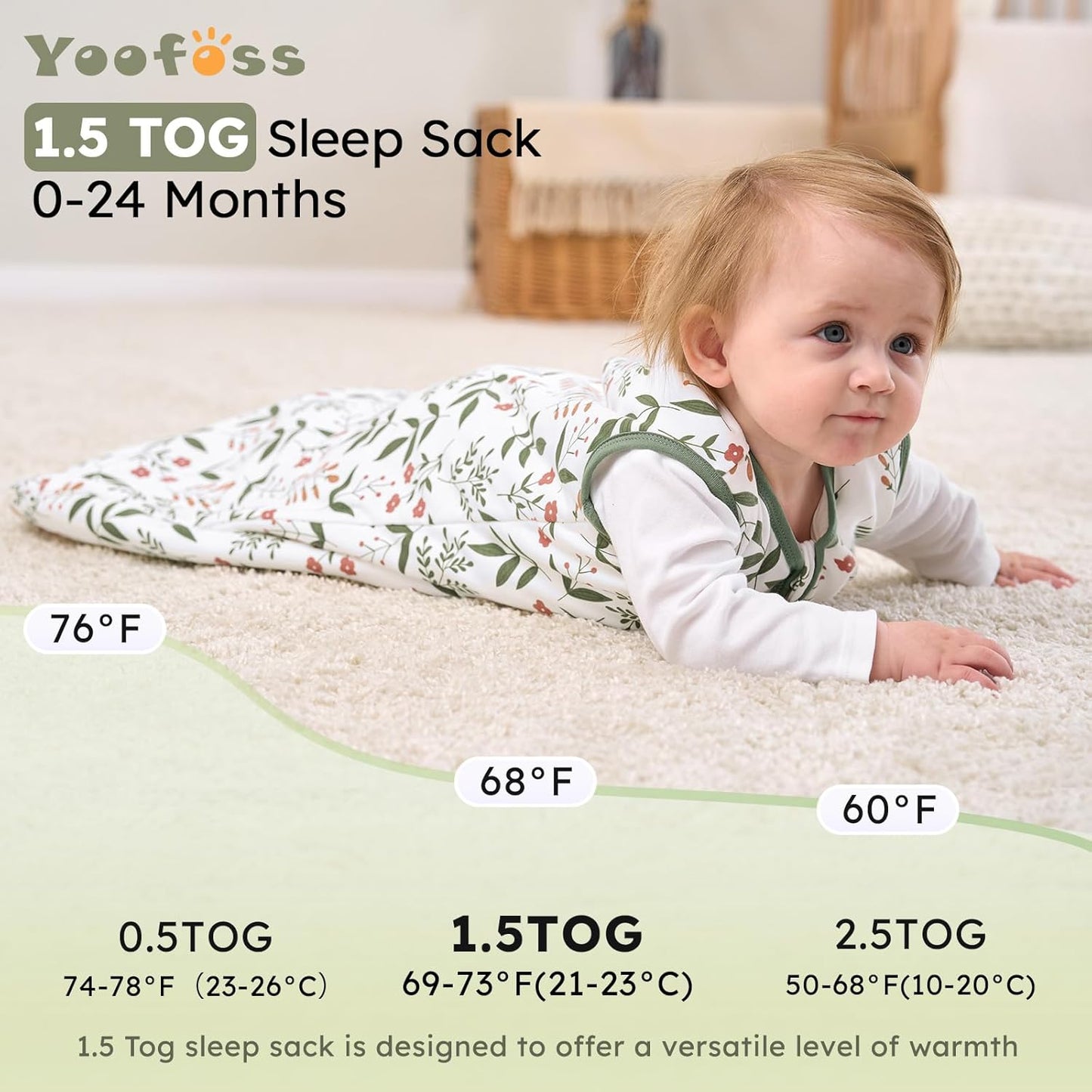 Yoofoss Baby Sleep Sack - 1.5 Tog Wearable Blanket for 12-18 Months | 100% Organic Cotton, Warm & Comfy