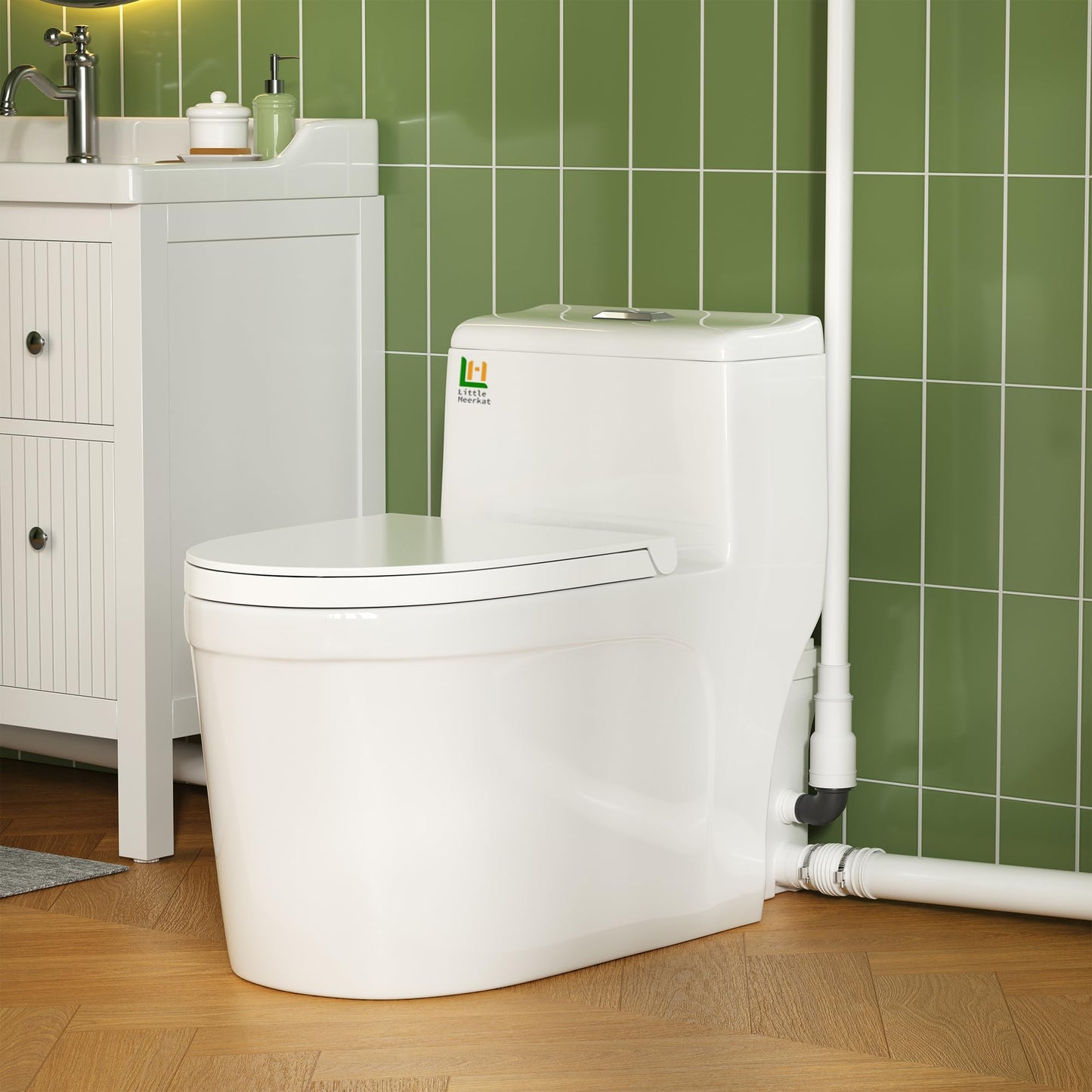 Little Meerkat 600w Macerating Toilet System, One-Piece 16" Upflush Toilet Toilet with Pump for Basement, Powerful & Quiet Upflush Toilets with 3 Water Inlet & Ac Vent, Easy Install, Space Saving