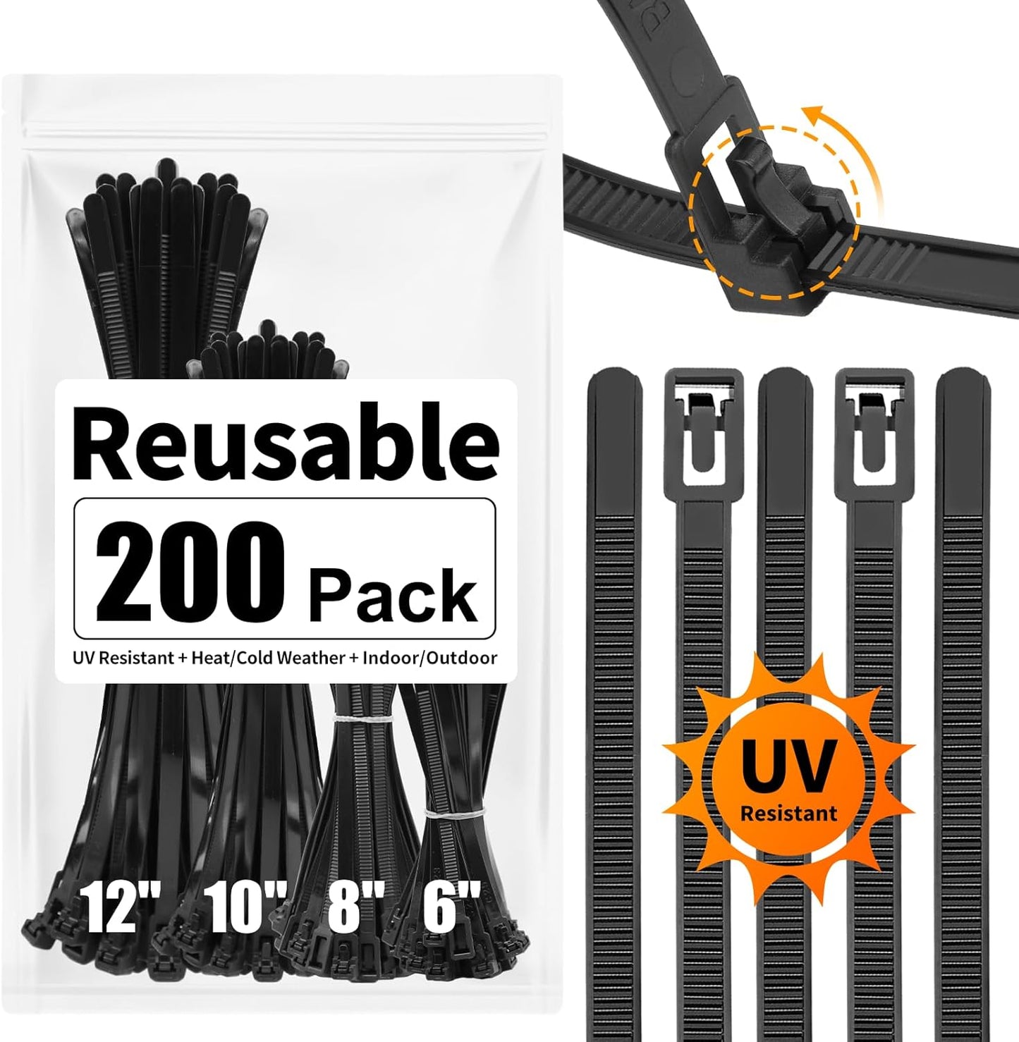 200 Pack 6+8+10+12 inch SOOOEC Reusable Zip Ties Assorted Sizes UV Resistant, Black Zip Ties Heavy Duty Outdoor