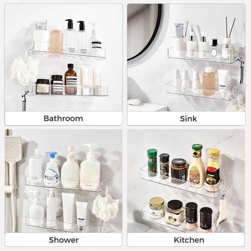 CQUNM 2 Pack Acrylic Shower Shelves, Clear Bathroom Tray with Hooks, Adhesive Wall Mount Shower Caddy Organizer for Bathroom Kitchen Storage