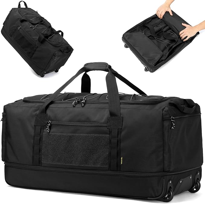 Laripwit Collapsible Duffle Bag with Wheels 130-170L Extra Large Expandable Travel Duffel Bag for Men Women Heavy Duty Military Duffle Bag for Camping Rolling Foldable Carry On Luggage, Black