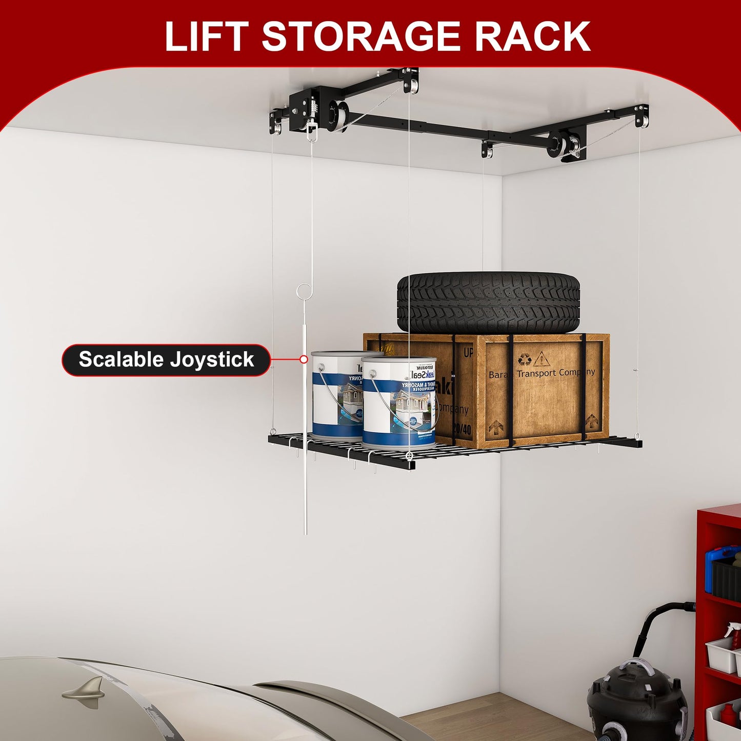 Leavader Manual Garage Storage Lift 4x4 FT for 10-12 ft Ceilings, Crank Down Overhead Storage Rack with Safety Lock, Heavy Duty Steel Garage Ceiling Storage System, 250LBS Capacity