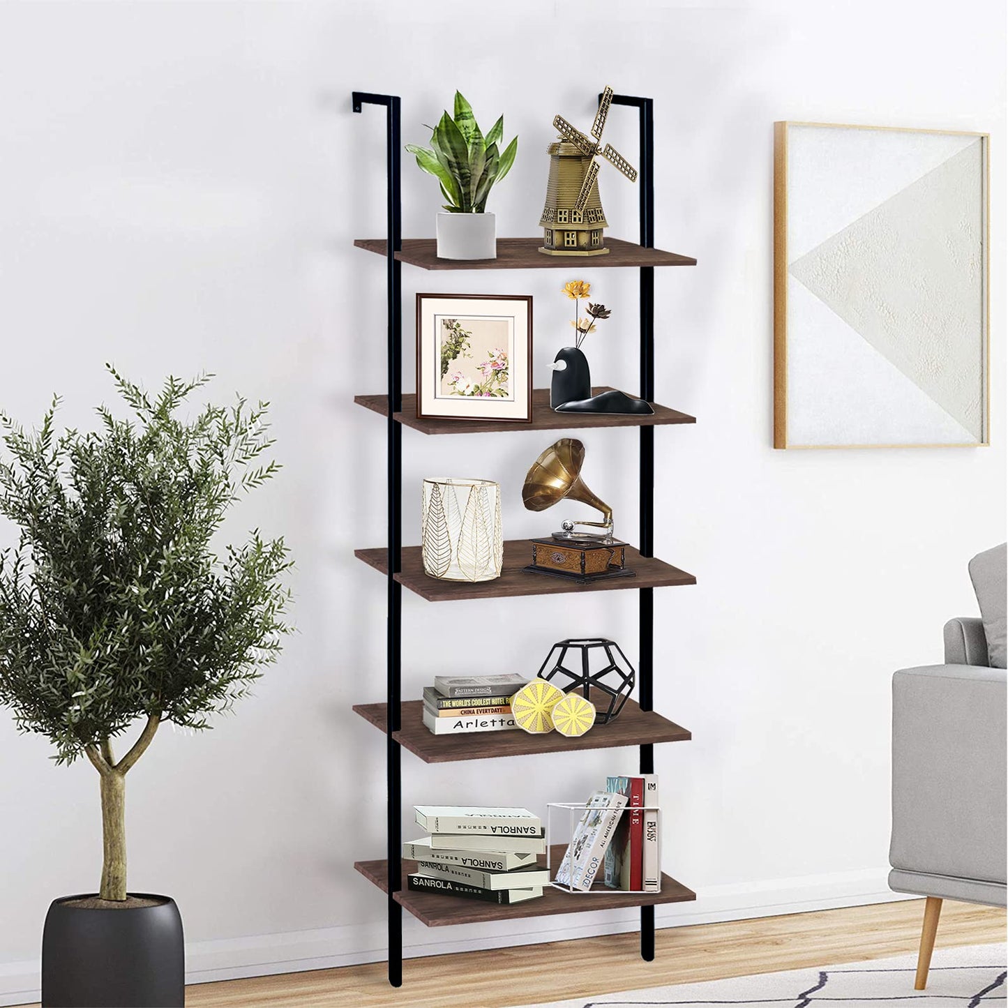 aboxoo Ladder Shelf Open Bookshelf 5-tier Wood Wall-mounted Bookcase Storage Rack Open back Industrial Modern Plant Flower Stand Utility Organizer Bookcase Metal Frame Furniture Office Kitchen Bedroom