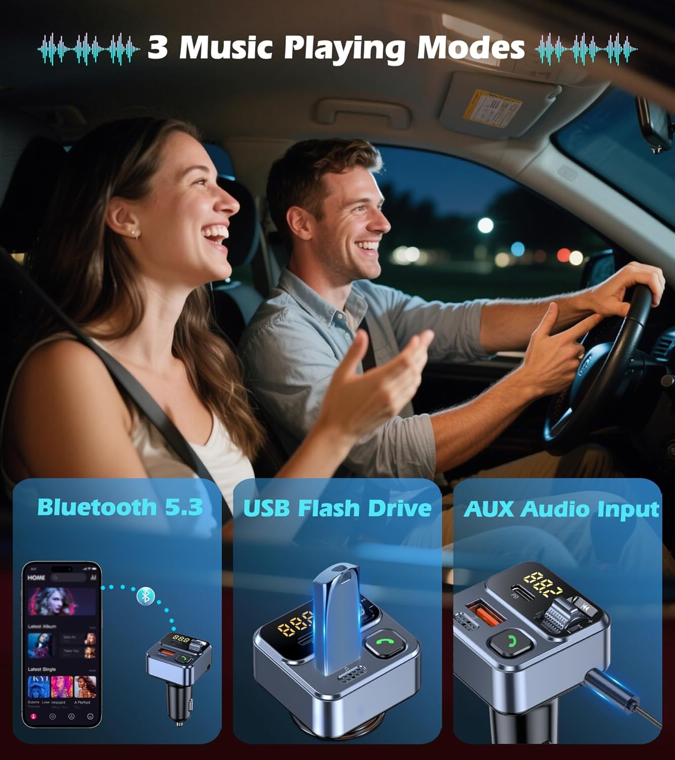 KAIY 42W FM Transmitter Bluetooth Car Adapter, Car Radio Bluetooth Transmitter HandsFree Calling Music Player, FM Radio