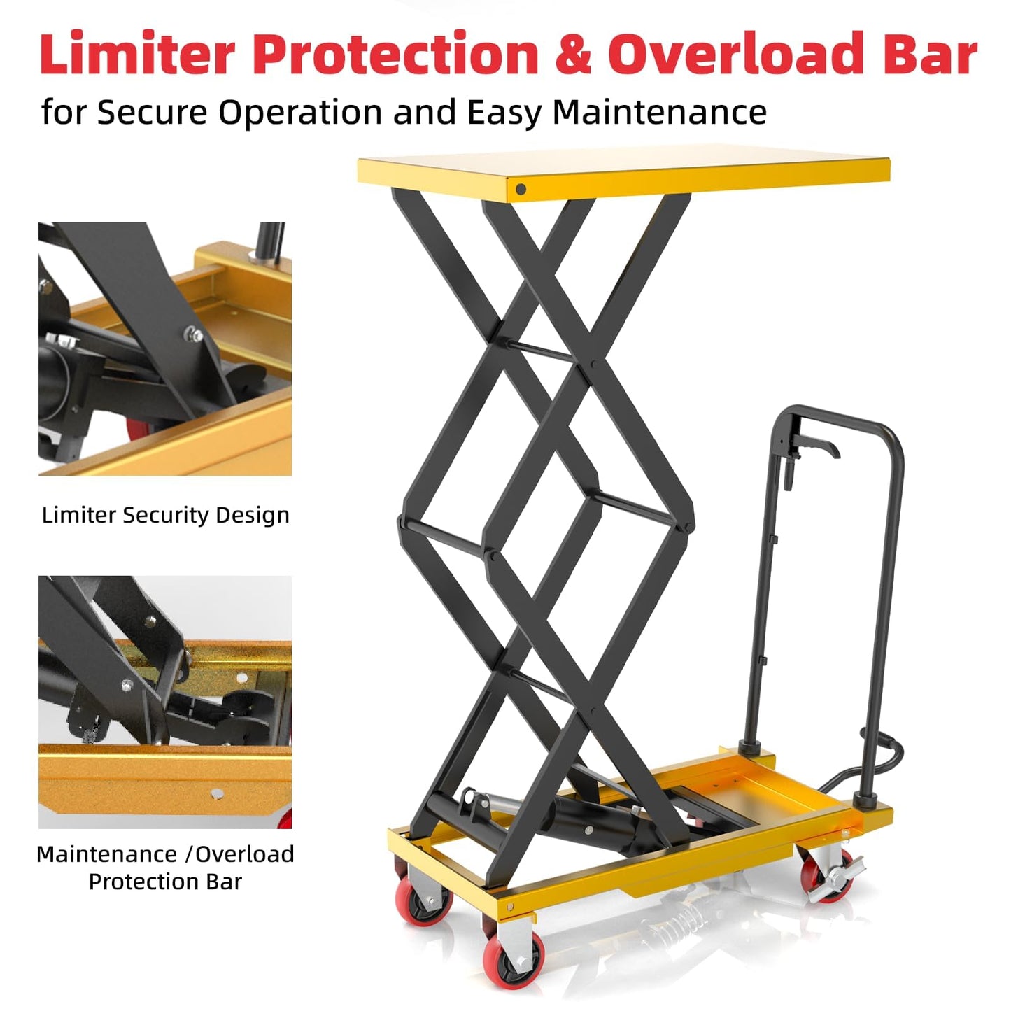 ZKH Hydraulic Lift Table Cart, 330lb Capacity Lift Cart, 49.6" Max Lifting Height, Single Scissors Lift Table with Locking Wheels and Overload Bar for Safe Operations