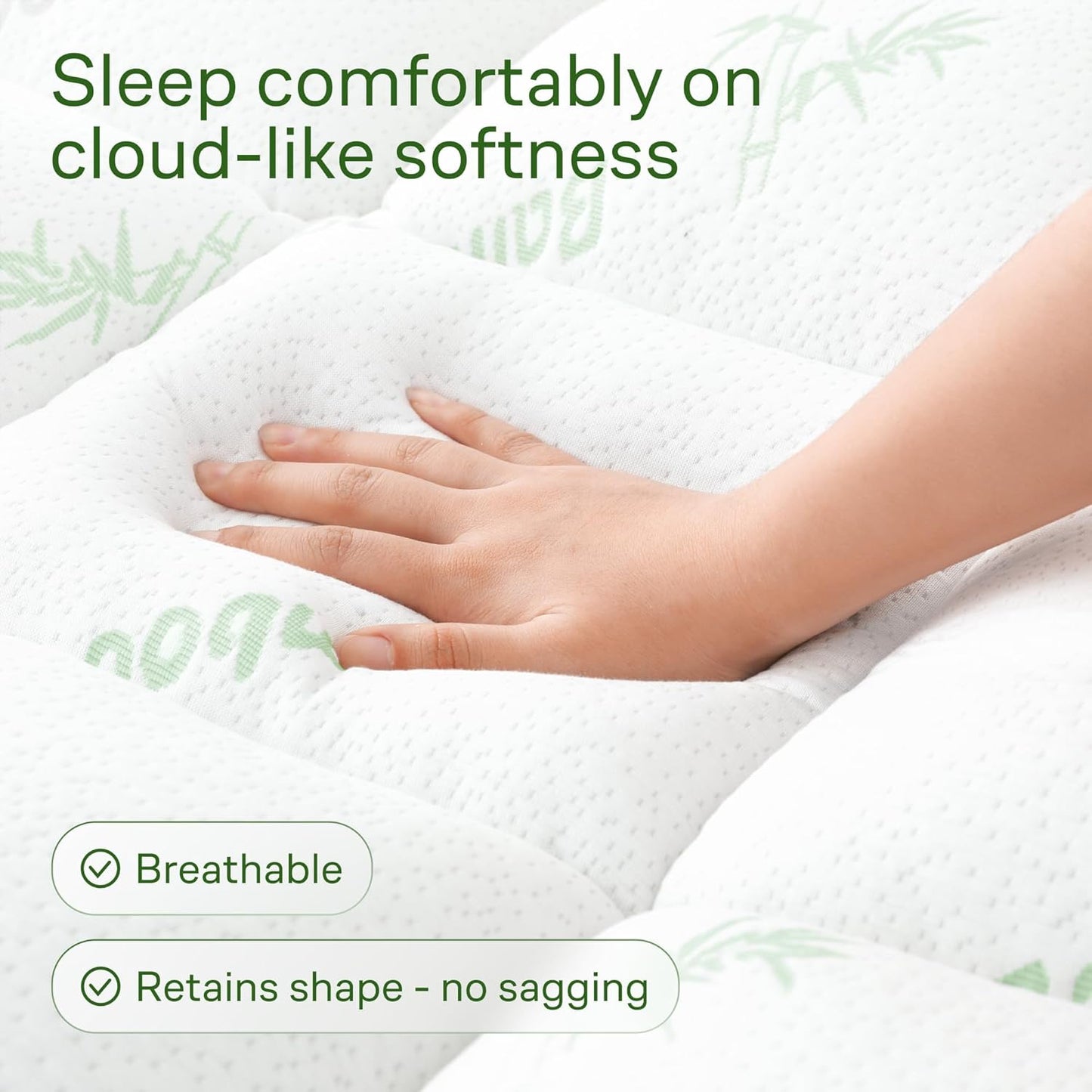 Skiennix Ultra Soft Twin Size Mattress Topper - Bamboo Viscose Pillow Top for Full Body Support - Naturally Cooling, Green