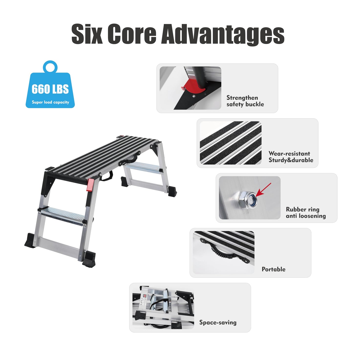 Folding Work Platform, 660 Lbs Heavy Duty Load Capacity, Portable Aluminum Drywall Step Bench, Non-Slip Hop Up Stool for Car Washing, Painting & Home DIY, 37.8" x 11.8" x 19.7"