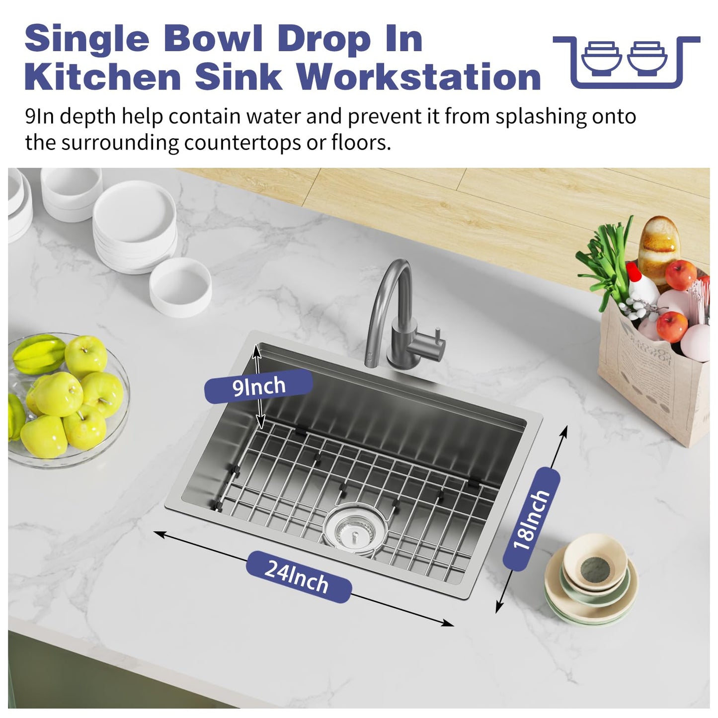 24x18 Inch Kitchen Sink With Dual Cover-Stainless Steel Undermount Single Bowl Kitchen Sink Built-in Ledge Drop In Workstation Sink Fully Covering Sink To Create Temporary Workspace/Drainage Area