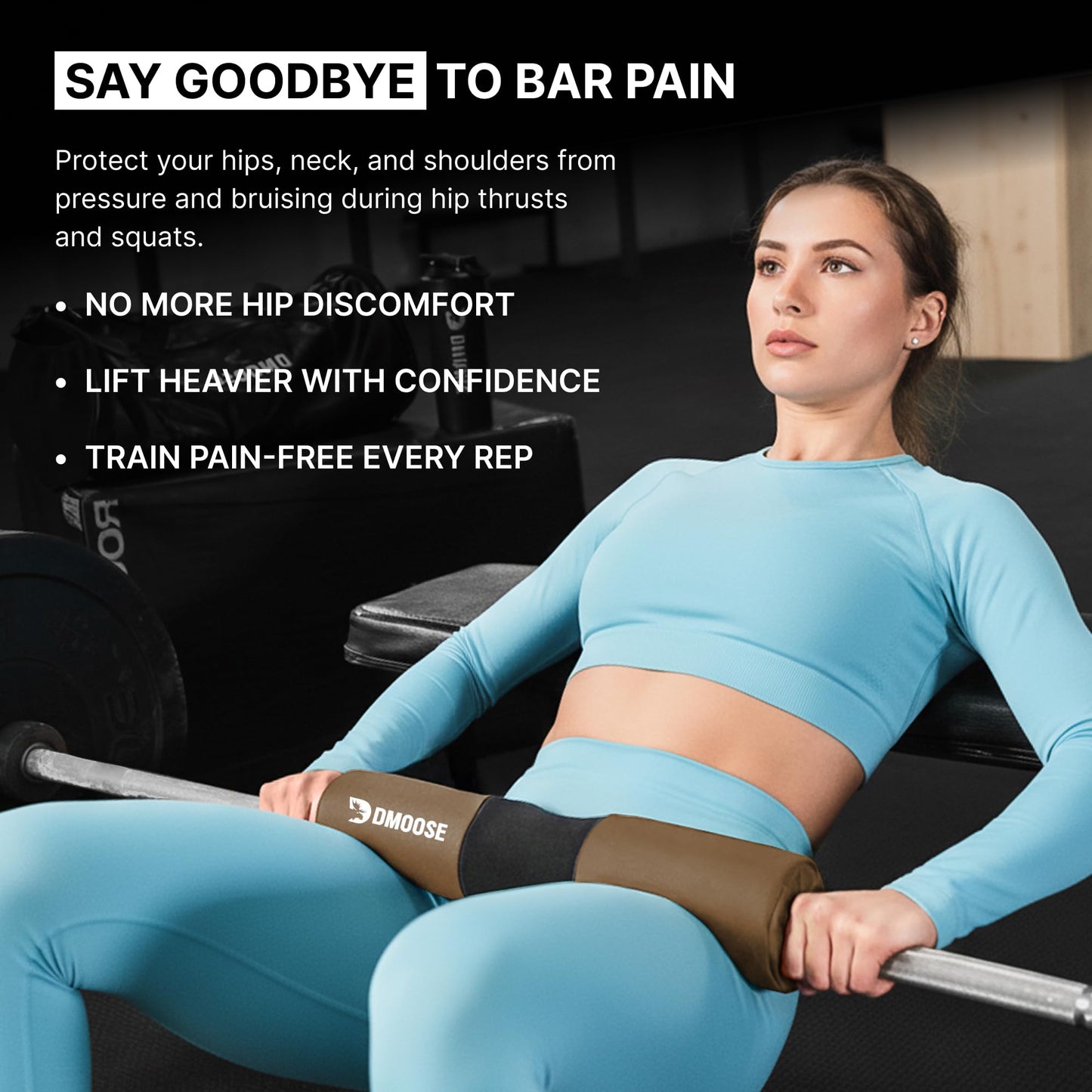 DMoose Fitness Barbell Pad for Hip Thrust, Squat & Lunges - Non-Slip Thick Foam Cushion for Neck and Back Support with Two Straps - Hip Thrust Pad for Leg Day - Fits All Olympic Bars (Cocoa Brown)