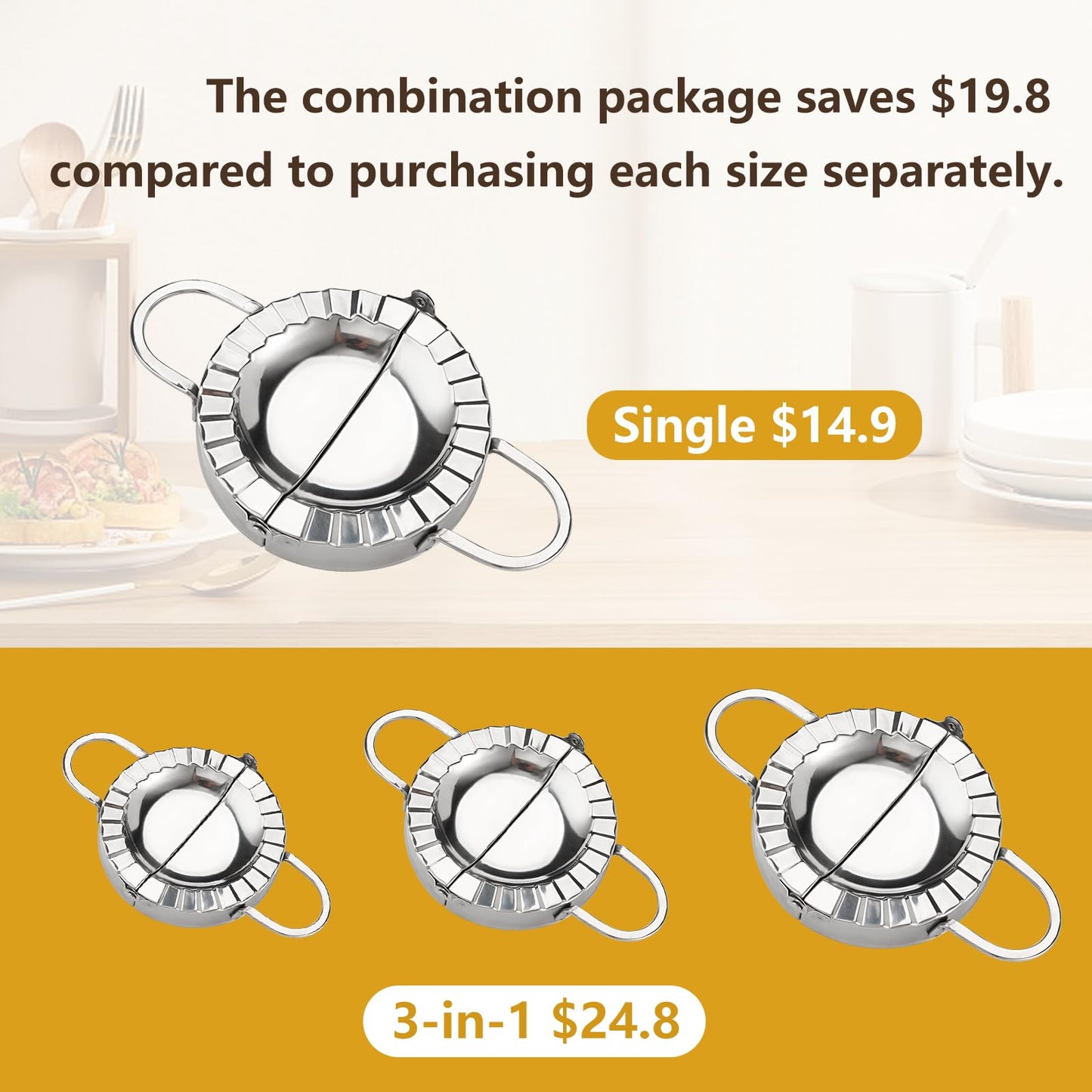 3-in-1 Dumpling Press, Pierogi Maker, and Empanada Maker Press, 304 Stainless Steel with 3 Sizes (4”, 5”, 6”) for Homemade Dumplings, Pastries and Empanada Mold Manual Pasta Makers