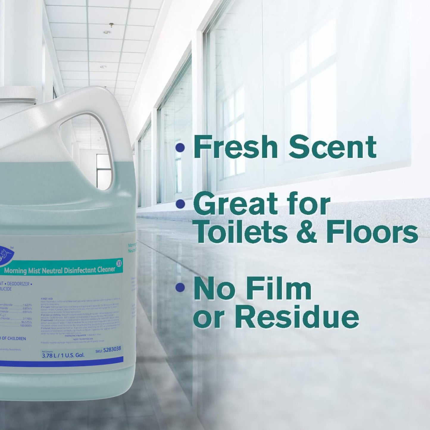 Diversey 5283038 Morning Mist Neutral Disinfectant Cleaner, Neutral pH Multi Surface Cleaner, Liquid Concentrate, Fresh Scent, 1-Gallon