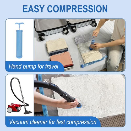 Fygrip Vacuum Storage Bags - Space-Saving Seal Bags with Hand Pump for Clothing & Travel | 10 Small Bags