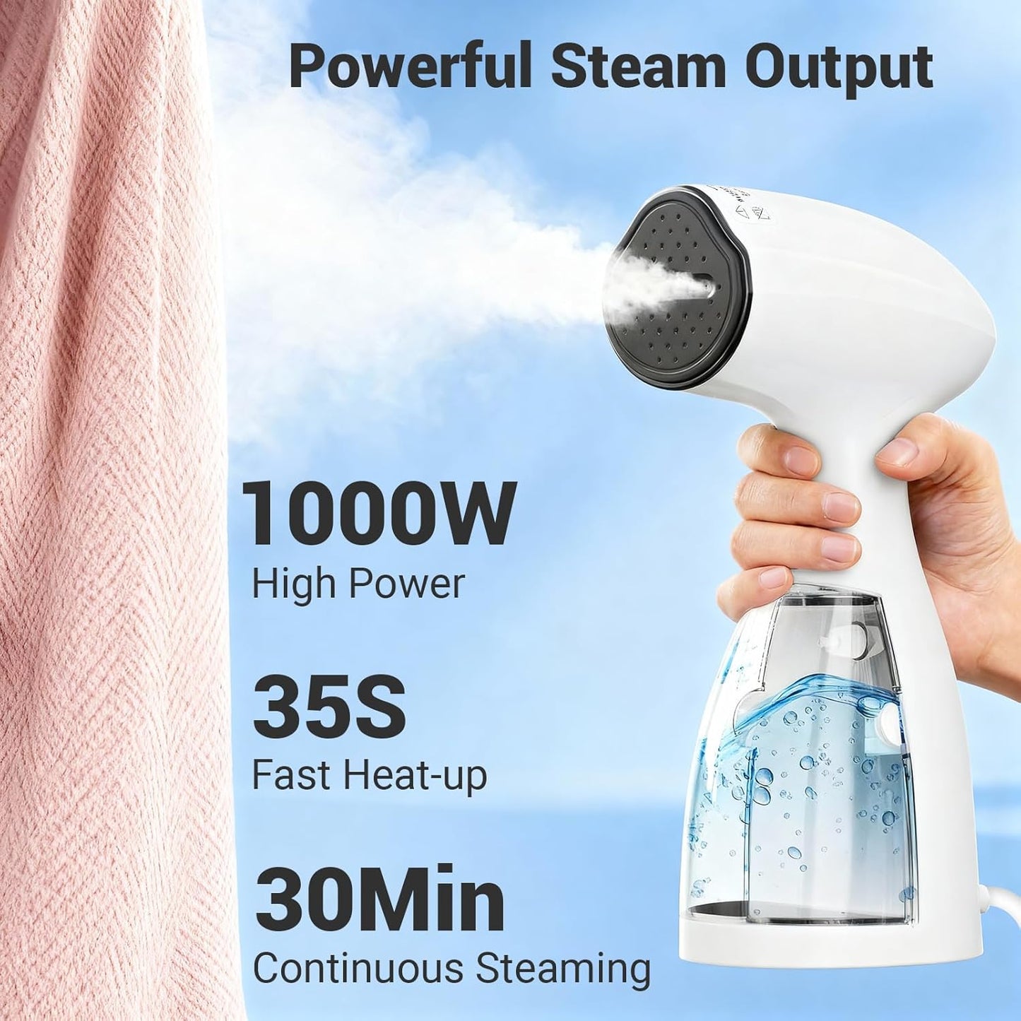 Skiennix Handheld Clothes Steamer - Fast Wrinkle Removal, 450ml Tank, 10ft Cord, 1000W, White