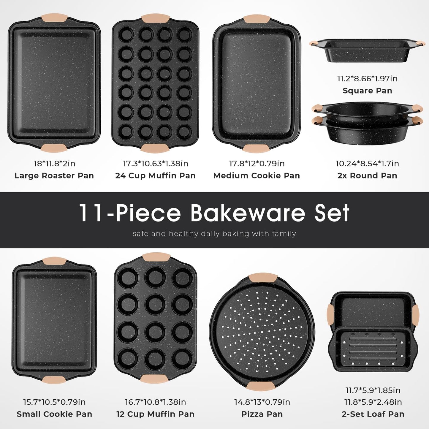 Skiennix 11-Piece Nonstick Baking Pans Set - Versatile Bakeware with Silicone Handles | Khaki & Black