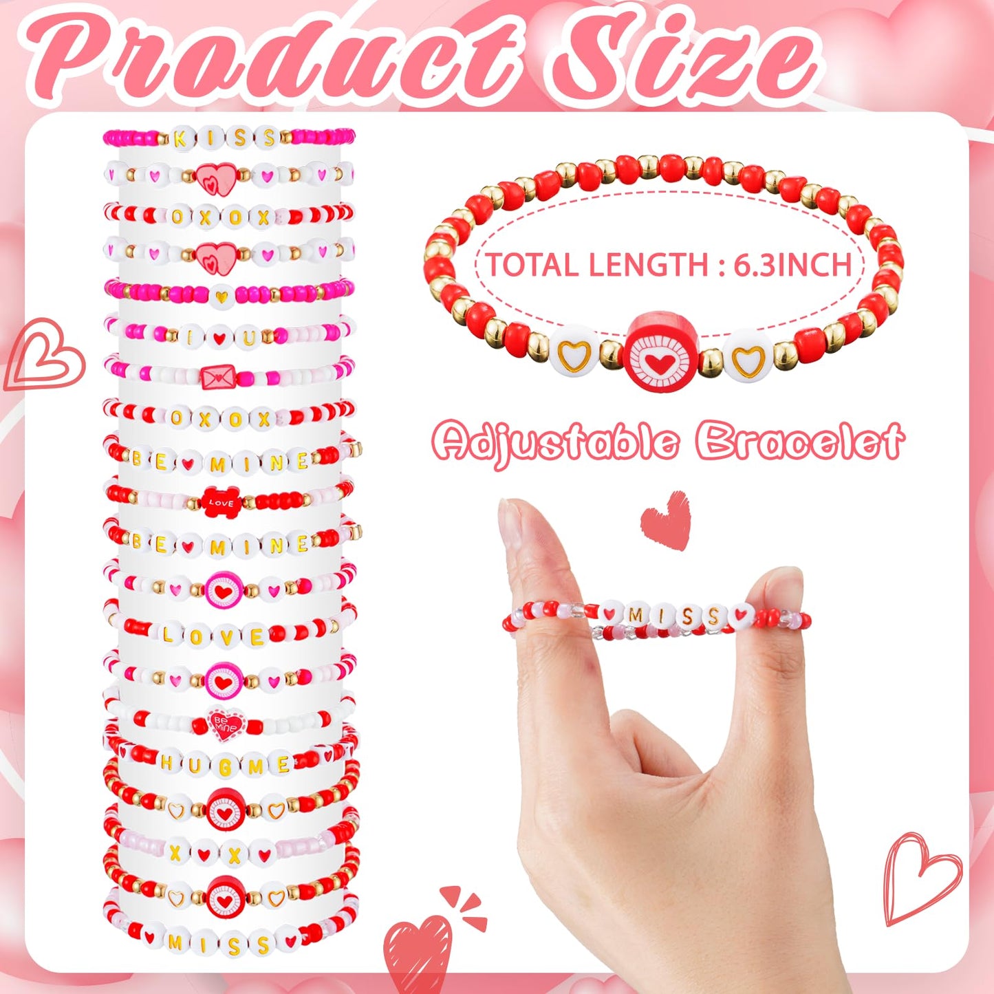 yesaior 60 pcs Valentine's Day Bracelets Bulk Colorful Friendship Adjustable Beaded Bracelets Bulk Women's Clay Surfer Heishi Jewelry for Women Men Gift Party Supplies (Valentine's Day)