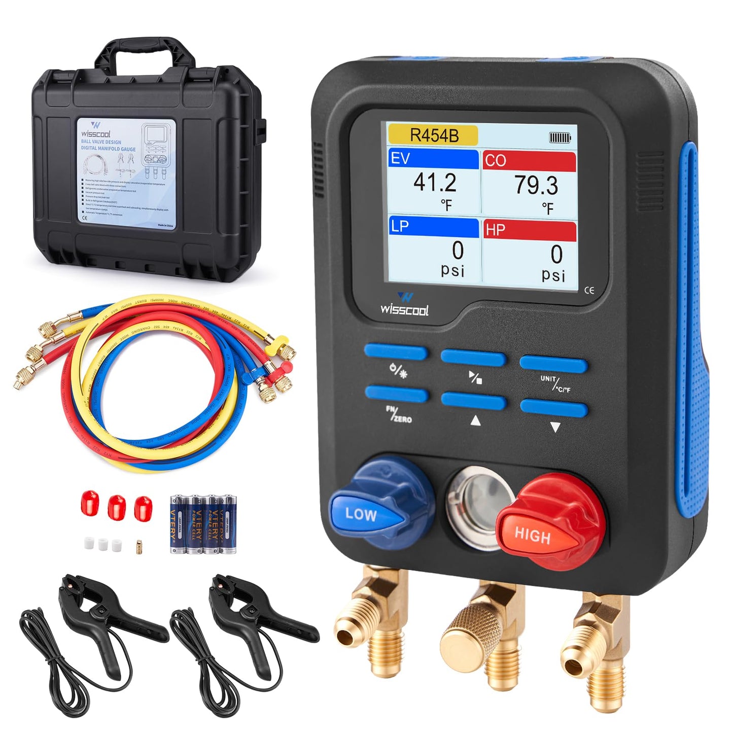 WISSCOOL Digital Manifold Gauges HVAC, R454B R134A R410A R32 AC Gauge Set with LED 2 Thermometer Clamp Probes,Pressure Temp Leak Test