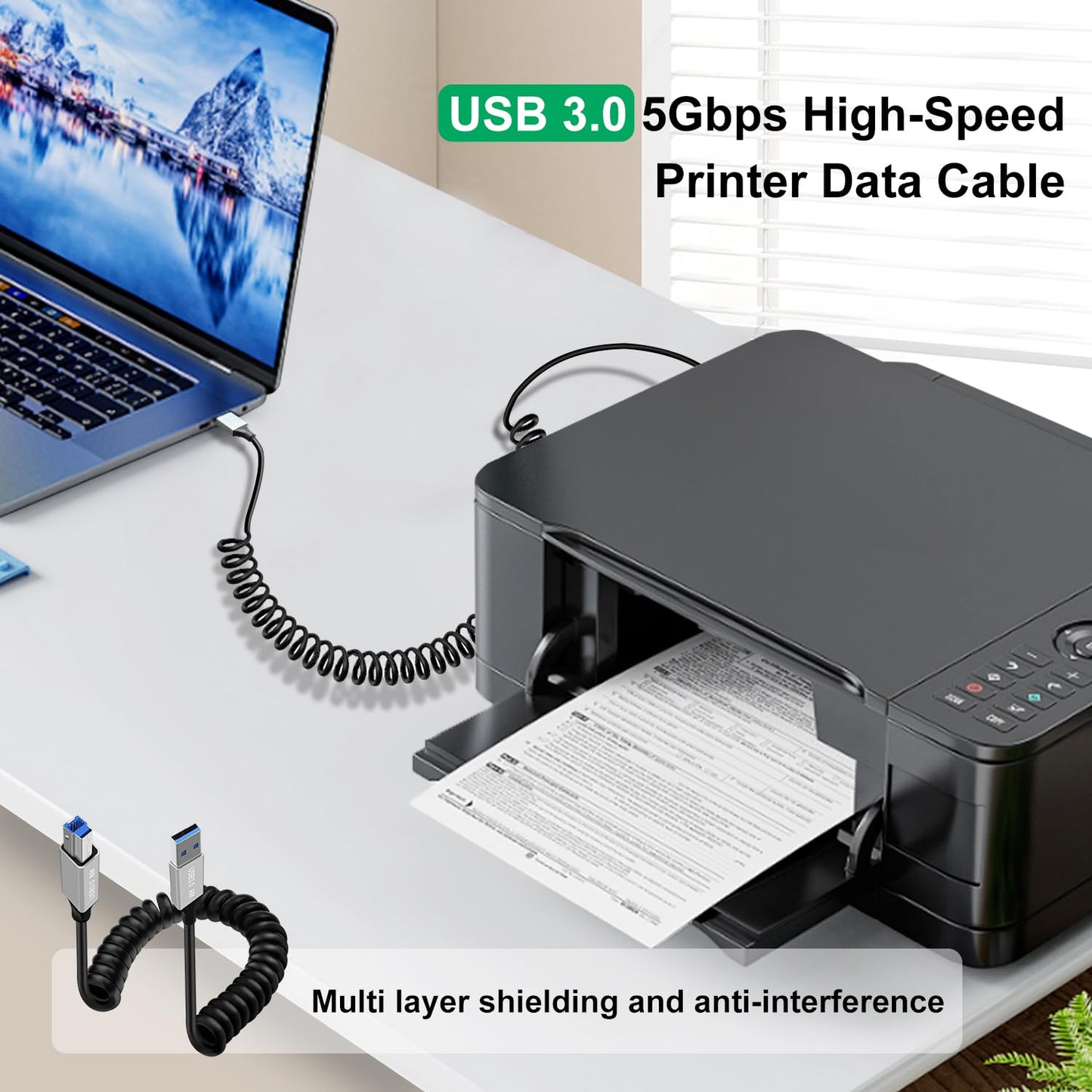 3.0 0.8 Coiled Printer Cable USB B to USB A Super USB Type A to B Male Cable for Scanner, External Hard Drives