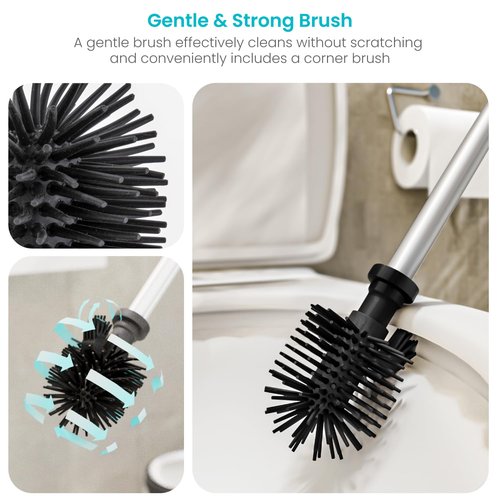 Home Zone Living Toilet Brush and Plunger Set with Stainless Steel Dual Base and Corner Brush, 2-in-1 Bathroom Cleaning Tool