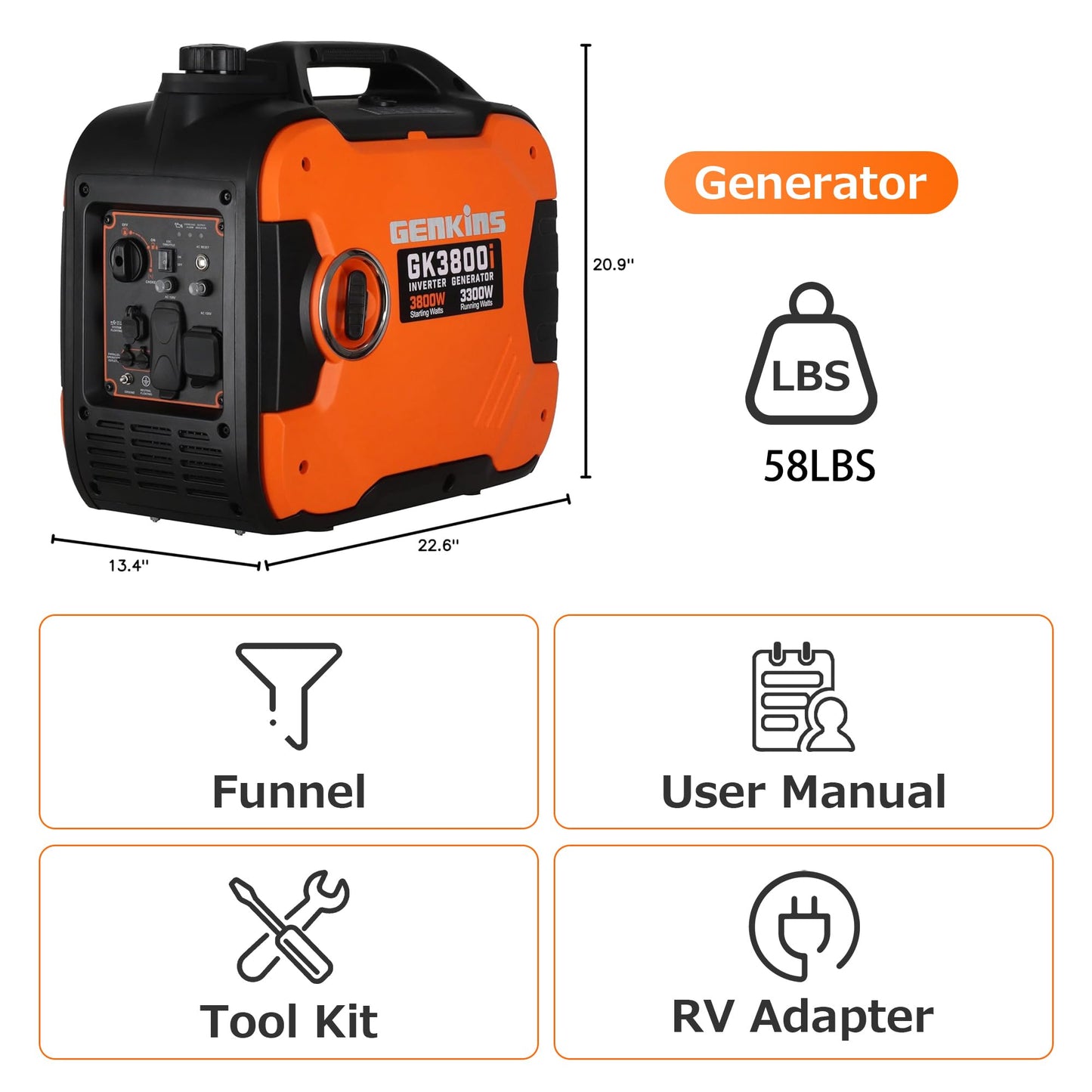 GENKINS 3800W Portable Inverter Generator,Gas Powered,163cc 4-Stroke OHV,Parallel Capable,CO Sensor & ESC Fuel-Saving, EPA Compliant for RV Ready 30A Outlet, Camping & Outdoor Use