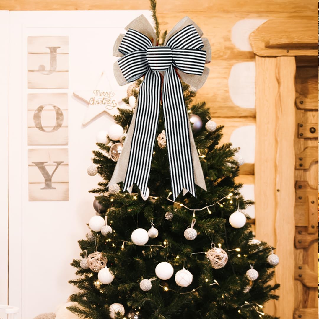 Skiennix 2 Pack Burlap Fall Bows - Black & White Stripe Decor for Wreaths, Weddings & Home
