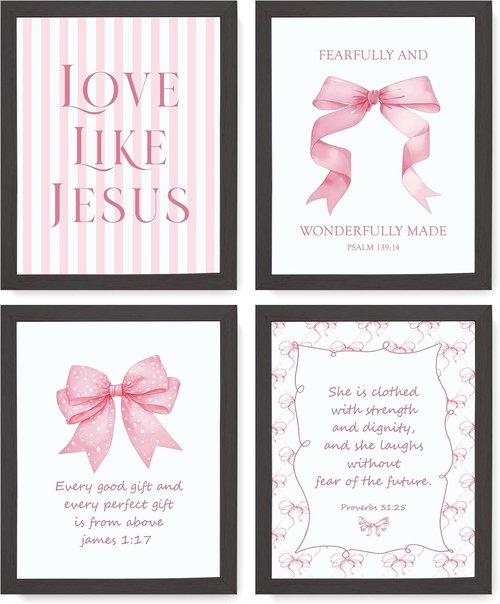 LARTSFRO Coquette Pink Bow Wall Art | Inspirational Bible Verse Decor for Teen Girls | 10x8 Inch Set of 4
