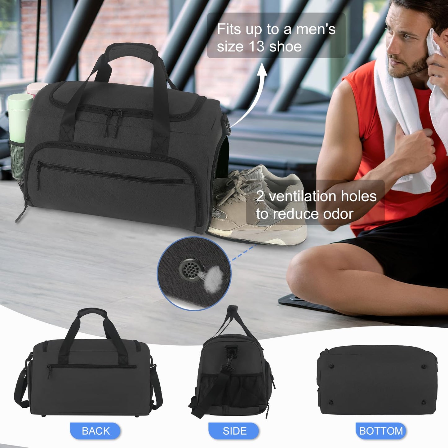 Gym Bag for Men Women, Sports Duffle Bags with Wet Pocket & Shoes Compartment, Water Resistant Overnight Duffel Bag - Light Black
