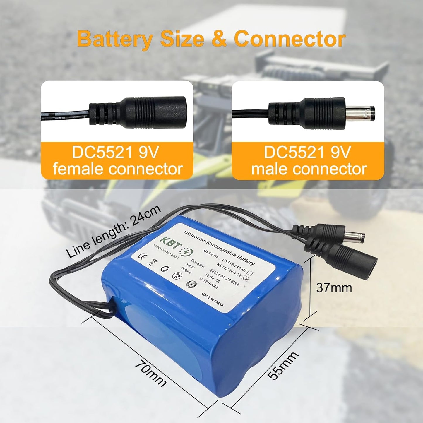 KBT KEEP BETTER TECH 12V 2400mAh Pack 12V KBT Rechargeable Li-ion Battery, Bare Leads Wire Replacement Battery