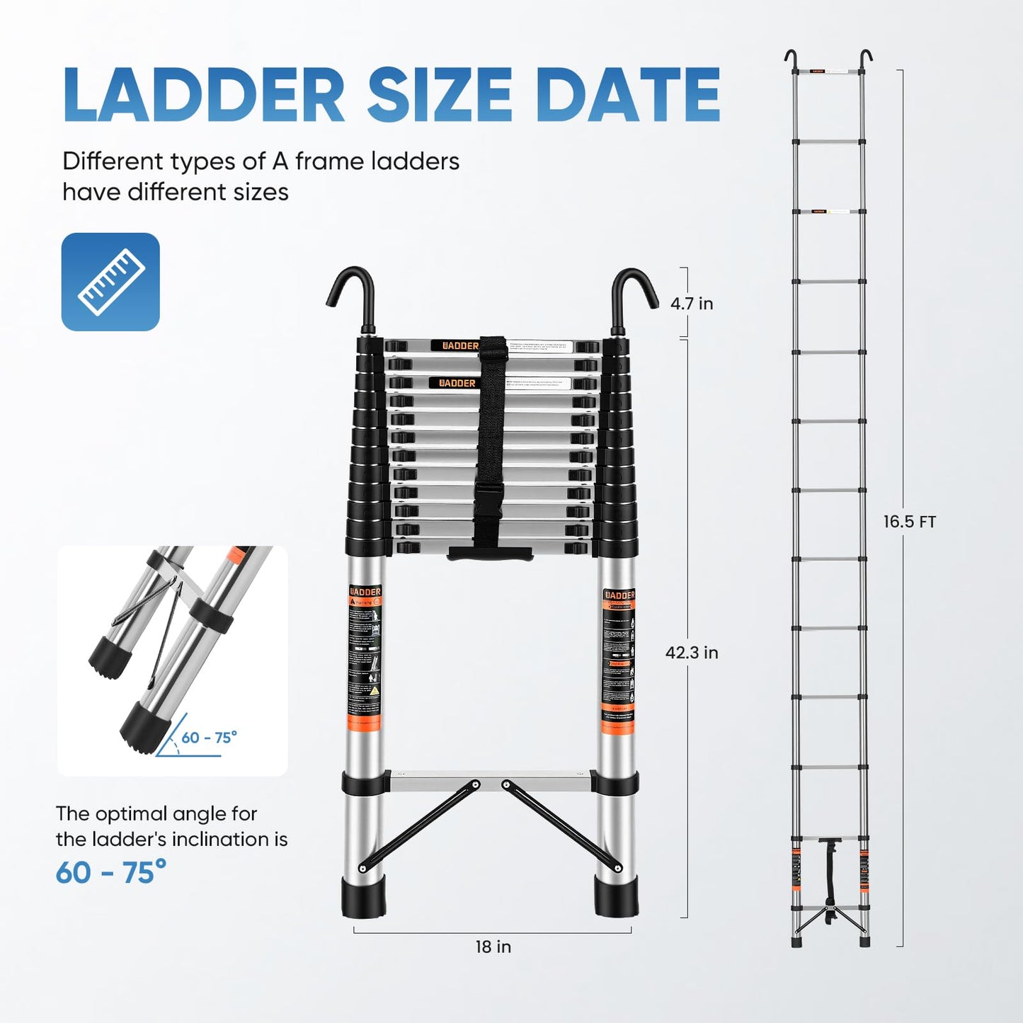 Telescoping Ladder – 16.5 ft Extension Ladder with Hooks, Multi-Position Collapsible Ladder, RV Ladder with Hooks, Heavy Duty (330 lbs), for Home Roofs and Attics