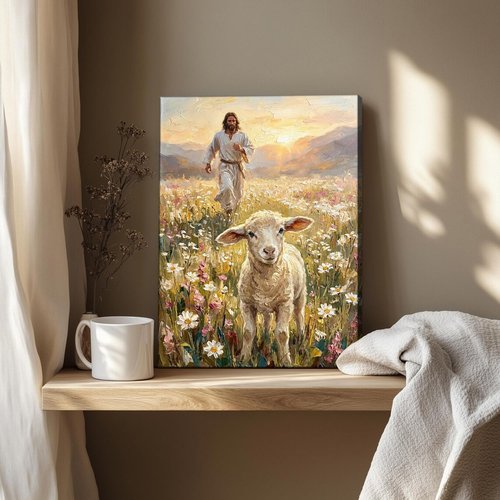 Jesus and Lamb Canvas Wall Art - Inspirational Christian Decor for Living Room | 12x16in Framed Print