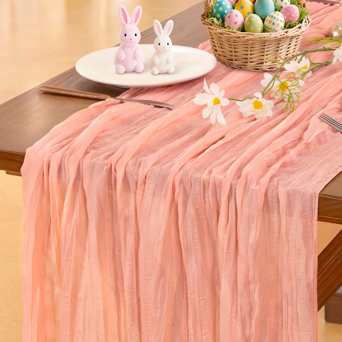 Socomi Cheesecloth Table Runner - Coral Peach Boho Style | 120-Inch for Weddings & Home Decor