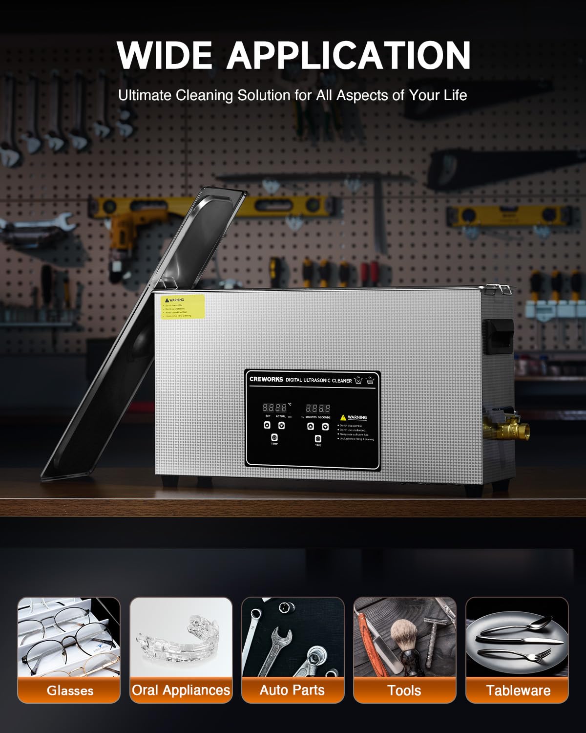 CREWORKS 10L Digital Ultrasonic Cleaner for Elongated Objects, 240W Professional Ultrasonic Parts Cleaner with Heater and Timer, 2.6 gal Lab Ultrasound Cleaner Machine for Gun Part Machine Auto Tool